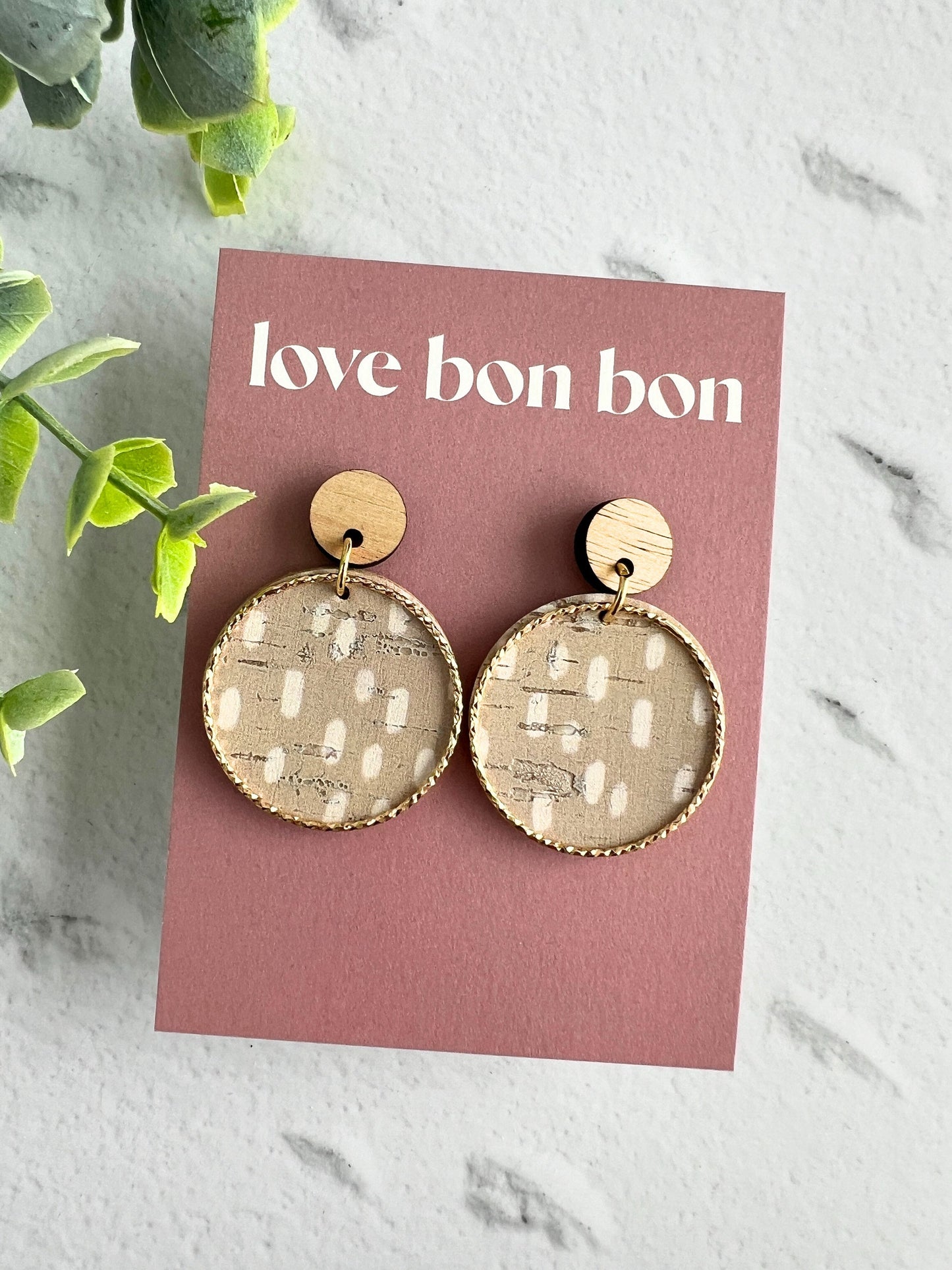 Cork and Leather Handmade Circle Earring with Wooden topper, dangle earring, handmade earring, hypo-allergenic stainless steel post