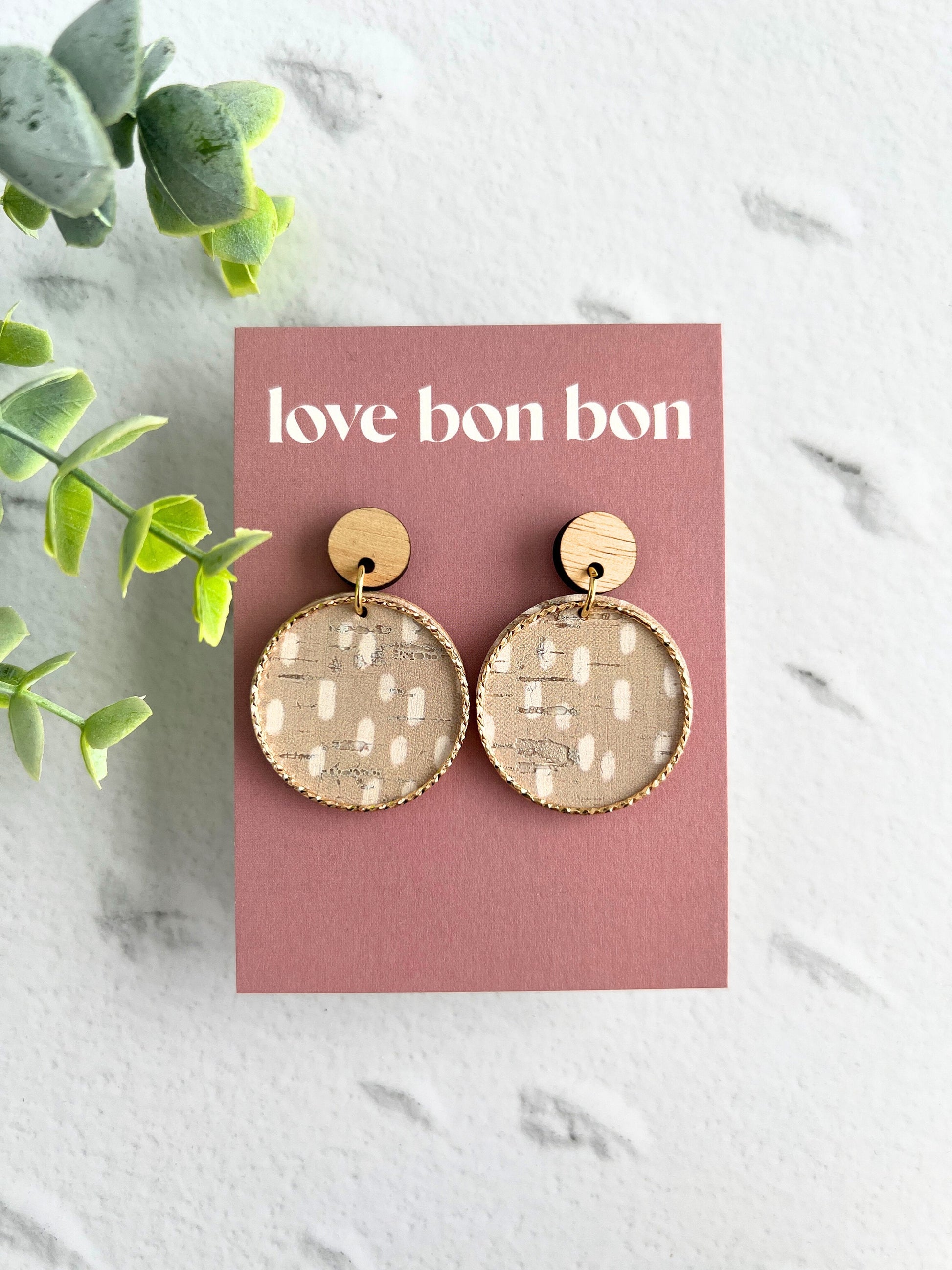 Cork and Leather Handmade Circle Earring with Wooden topper, dangle earring, handmade earring, hypo-allergenic stainless steel post