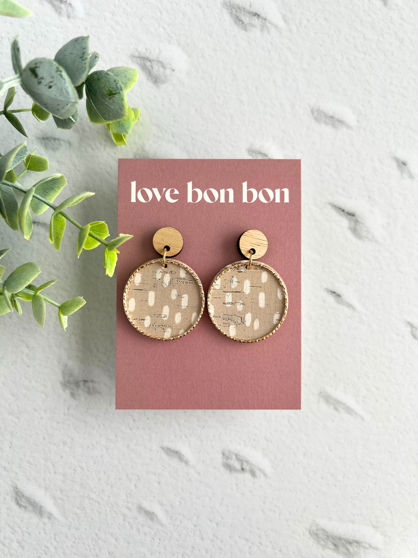 Cork and Leather Handmade Circle Earring with Wooden topper, dangle earring, handmade earring, hypo-allergenic stainless steel post