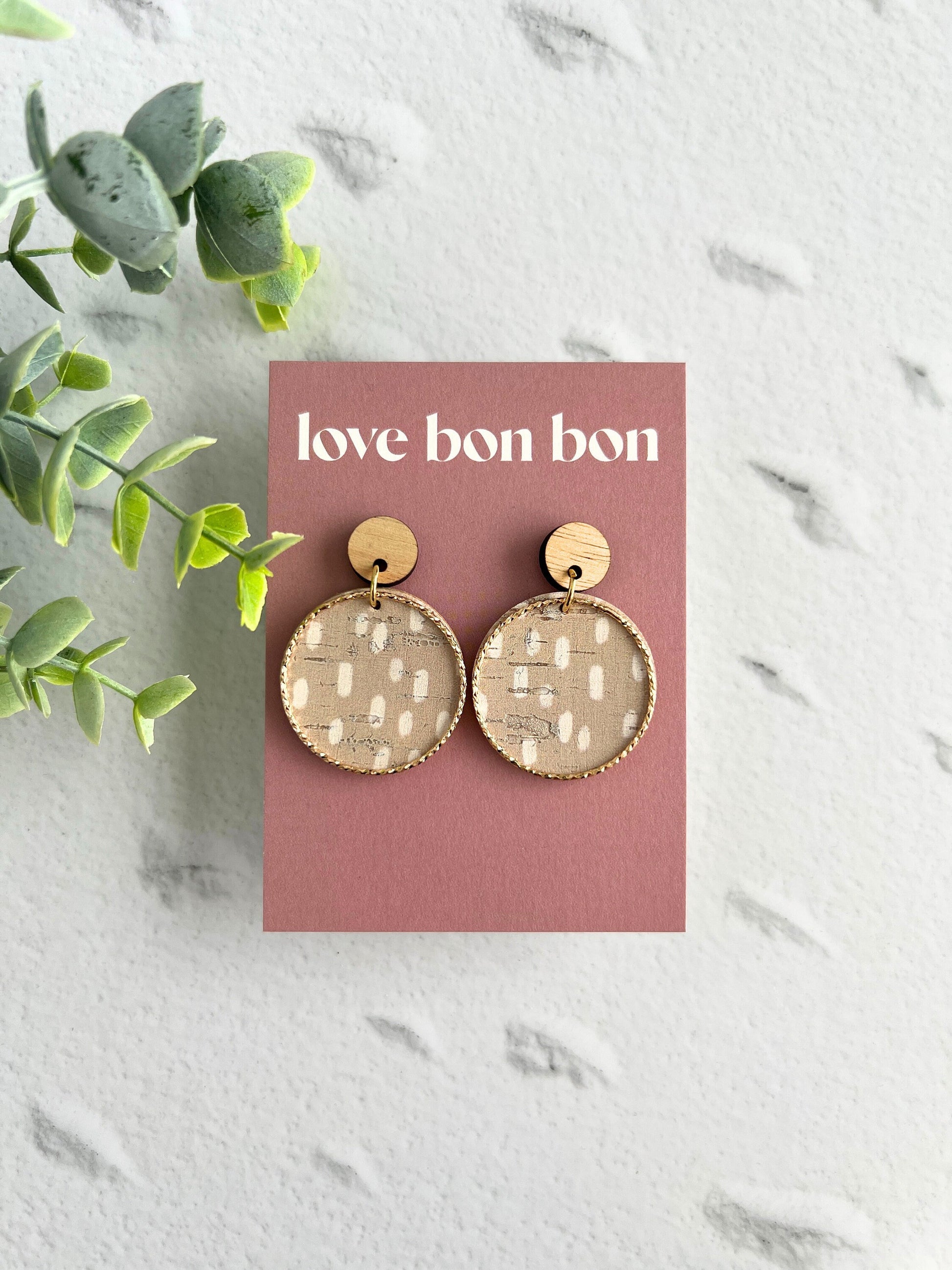 Cork and Leather Handmade Circle Earring with Wooden topper, dangle earring, handmade earring, hypo-allergenic stainless steel post