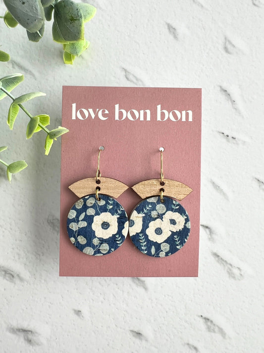 Cork and Leather Handmade Circle Earring with Wooden bar, dangle earring, handmade earring, hypo-allergenic stainless steel ear hook