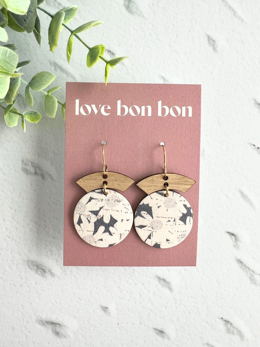 Cork and Leather Handmade Circle Earring with Wooden bar, dangle earring, handmade earring, hypo-allergenic stainless steel ear hook