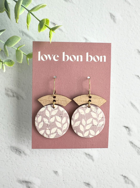 Cork and Leather Handmade Circle Earring with Wooden bar, dangle earring, handmade earring, hypo-allergenic stainless steel ear hook