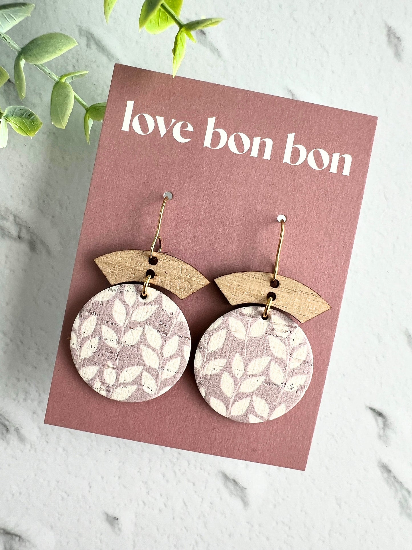 Cork and Leather Handmade Circle Earring with Wooden bar, dangle earring, handmade earring, hypo-allergenic stainless steel ear hook