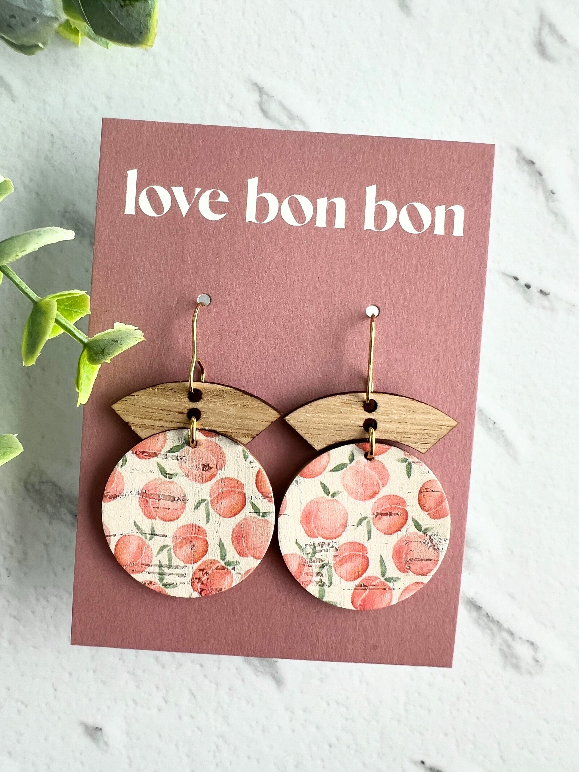 Cork and Leather Handmade Circle Earring with Wooden bar, dangle earring, handmade earring, hypo-allergenic stainless steel ear hook