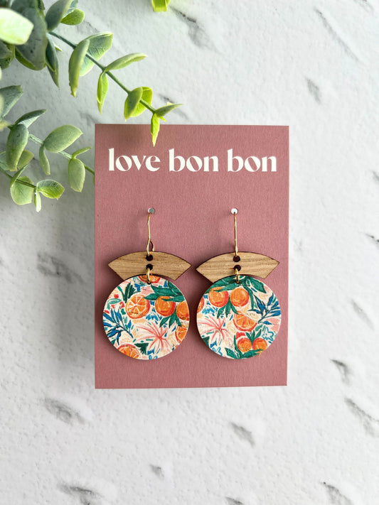 Cork and Leather Handmade Circle Earring with Wooden bar, dangle earring, handmade earring, hypo-allergenic stainless steel ear hook