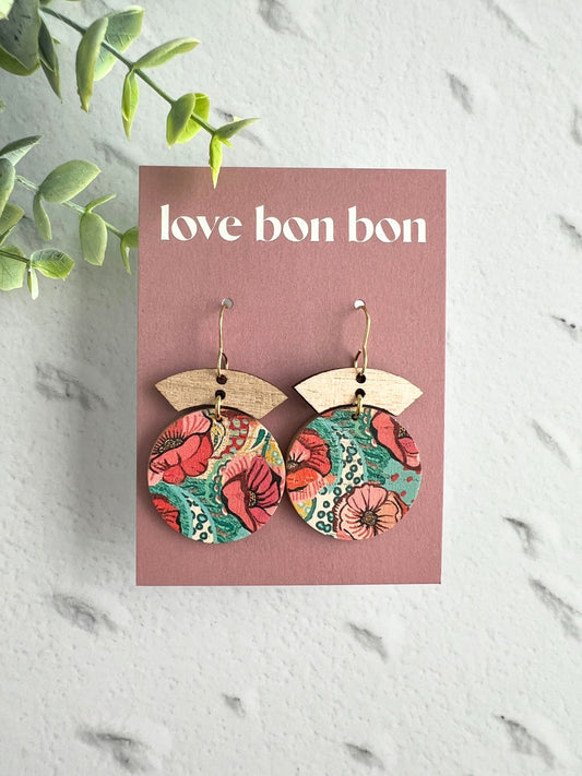 Cork and Leather Handmade Circle Earring with Wooden bar, dangle earring, handmade earring, hypo-allergenic stainless steel ear hook