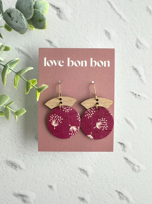 Cork and Leather Handmade Circle Earring with Wooden bar, dangle earring, handmade earring, hypo-allergenic stainless steel ear hook
