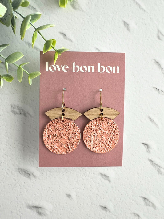 Embossed Leather Handmade Circle Earring with Wooden bar, dangle earring, handmade earring, hypo-allergenic stainless steel ear hook
