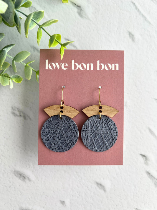 Embossed Leather Handmade Circle Earring with Wooden bar, dangle earring, handmade earring, hypo-allergenic stainless steel ear hook
