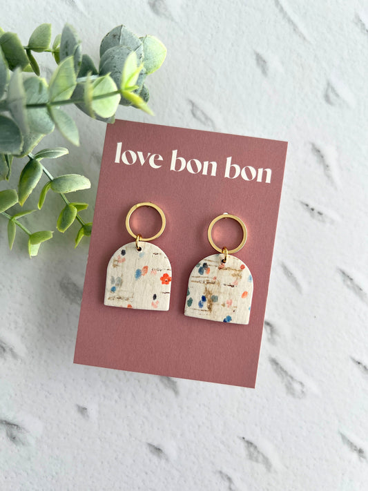 Genuine Cork on Leather Handmade Petite Earring with open Gold Stainless Steel circle topper - dangle earring - handmade earring - petite