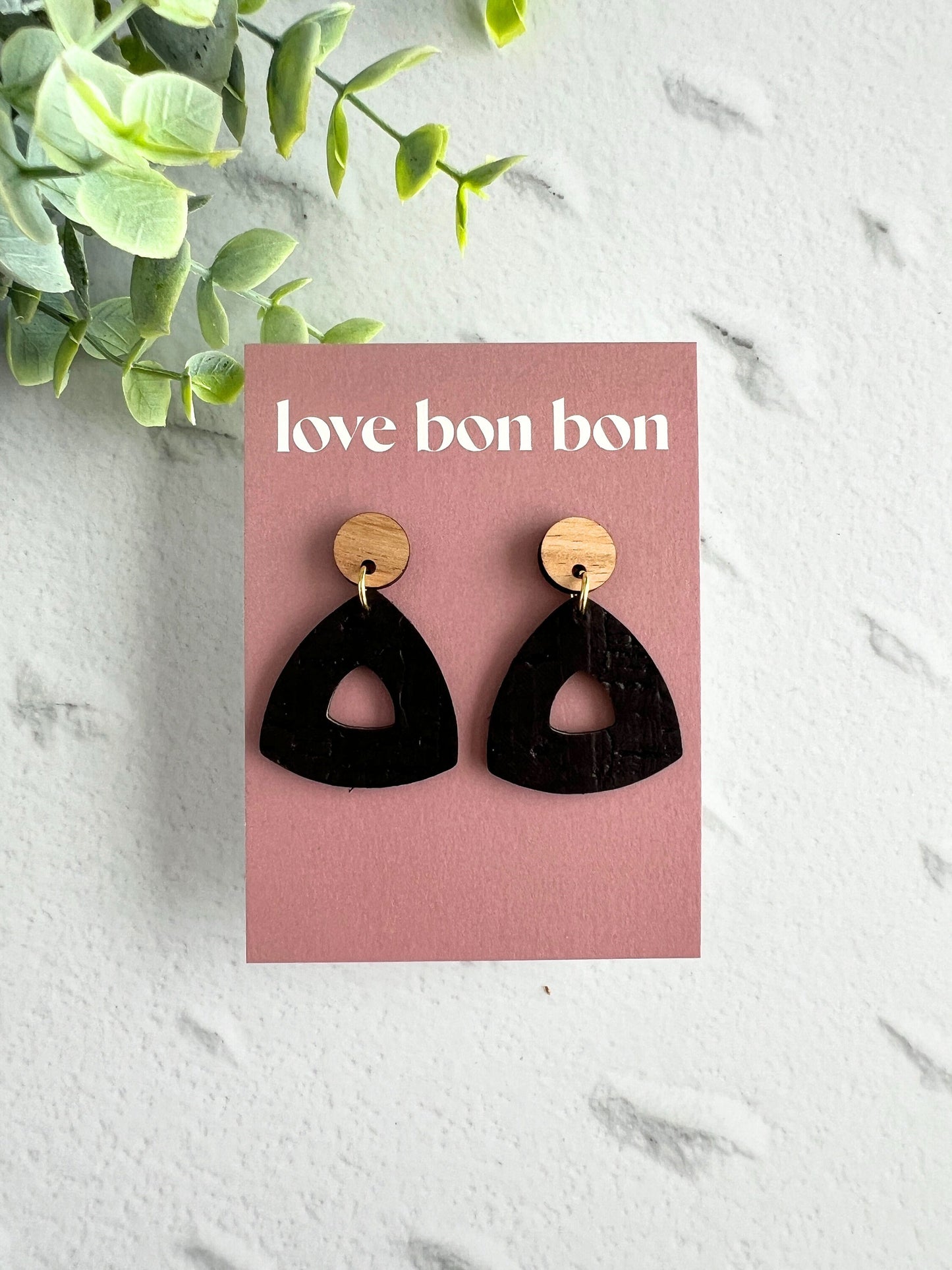 Cork and Leather Handmade Petite Cut-Out Triangle Earring with Wooden topper & stainless steel post, dangle earring, birthday gift
