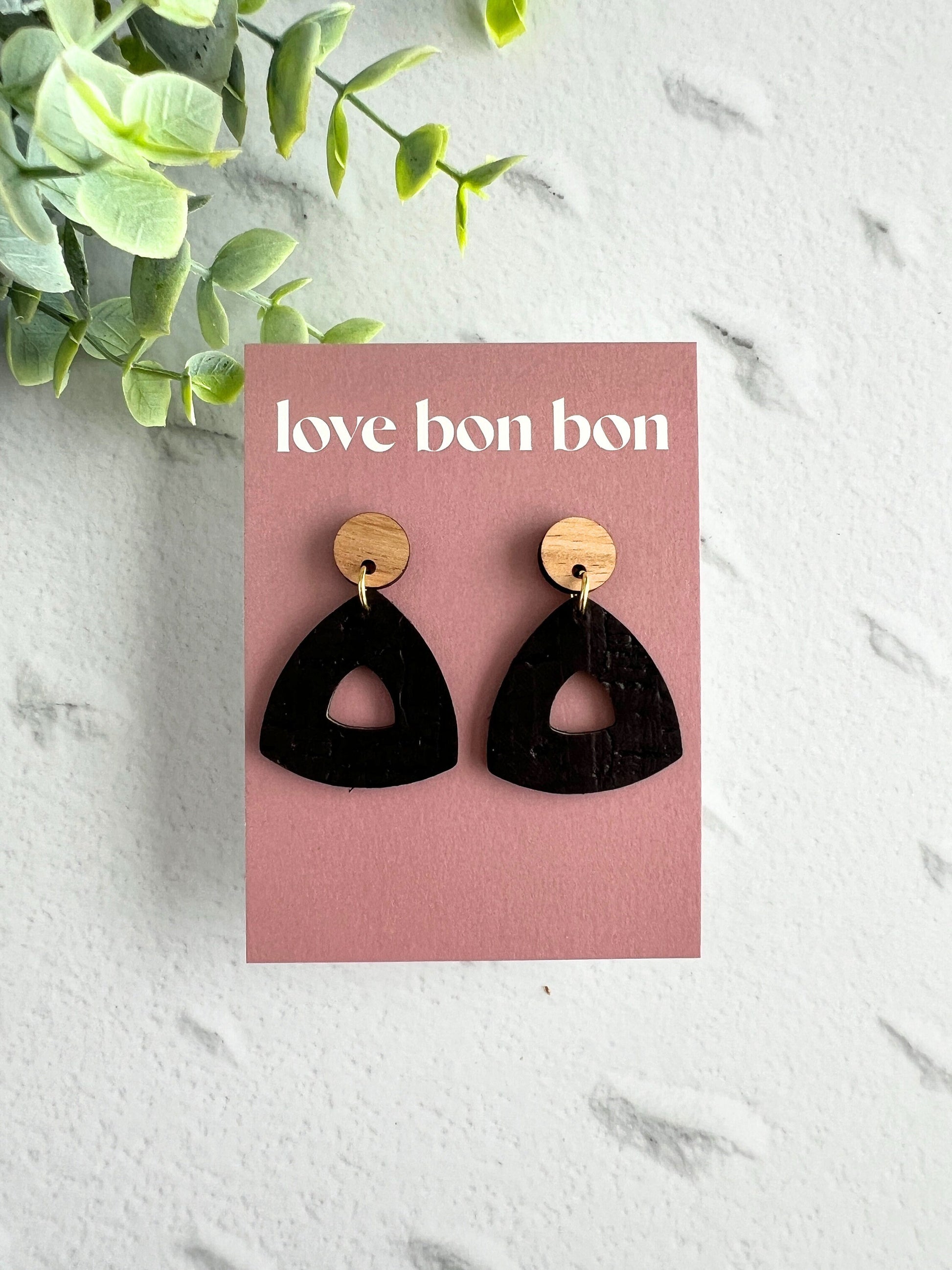 Cork and Leather Handmade Petite Cut-Out Triangle Earring with Wooden topper & stainless steel post, dangle earring, birthday gift