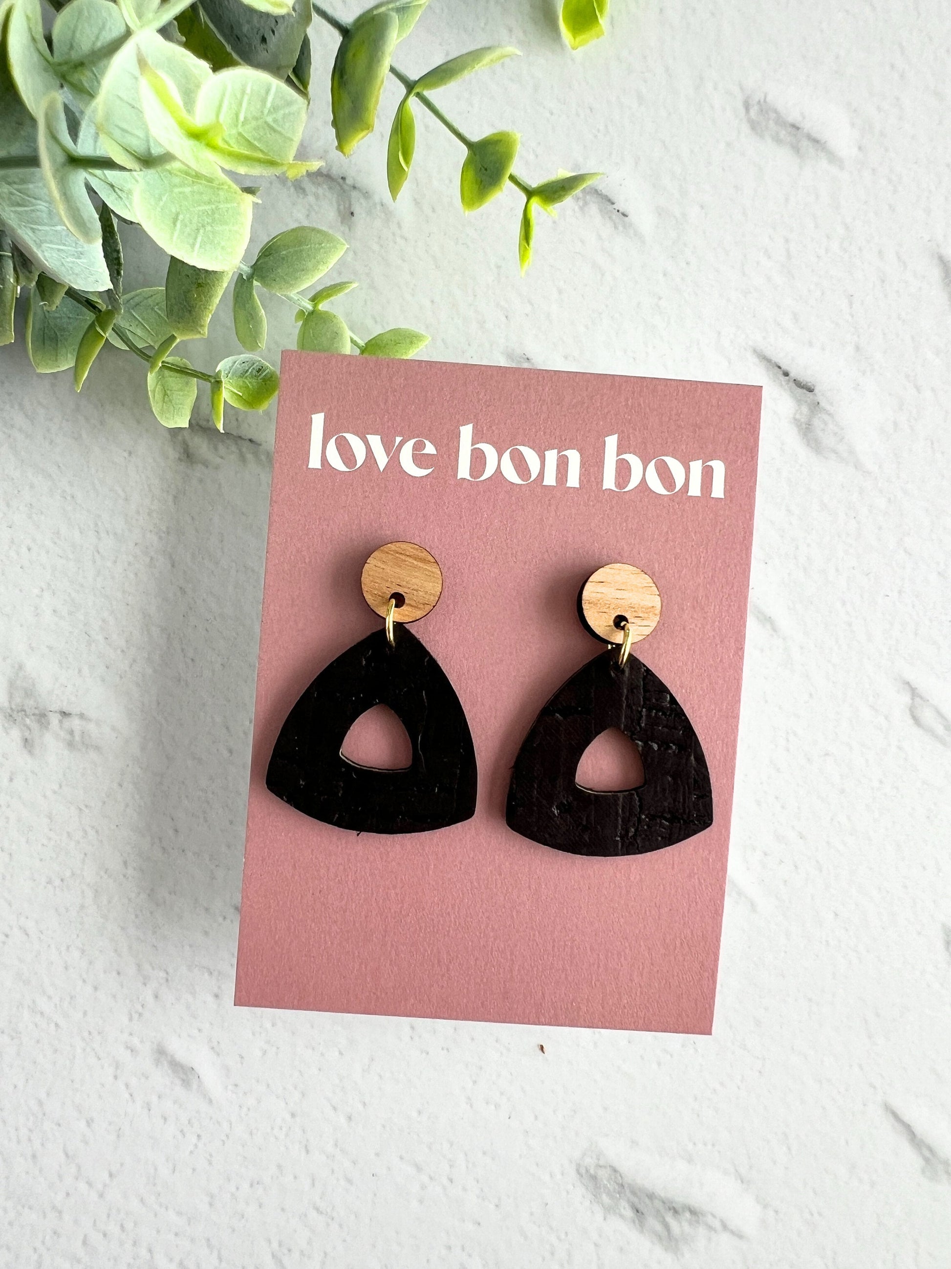 Cork and Leather Handmade Petite Cut-Out Triangle Earring with Wooden topper & stainless steel post, dangle earring, birthday gift