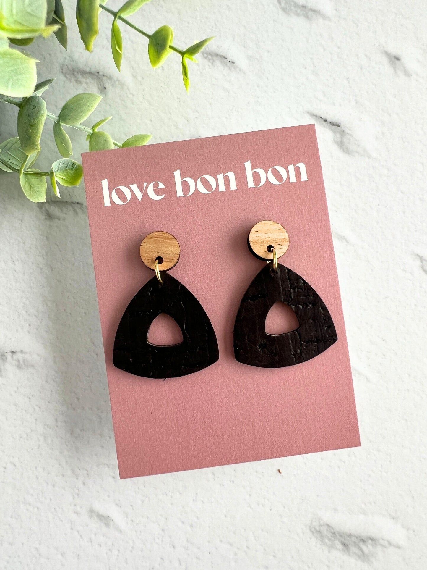 Cork and Leather Handmade Petite Cut-Out Triangle Earring with Wooden topper & stainless steel post, dangle earring, birthday gift