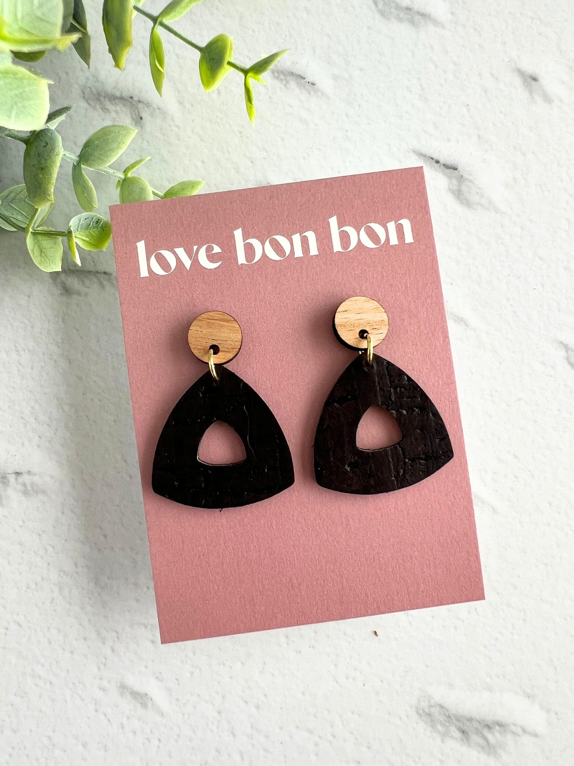 Cork and Leather Handmade Petite Cut-Out Triangle Earring with Wooden topper & stainless steel post, dangle earring, birthday gift