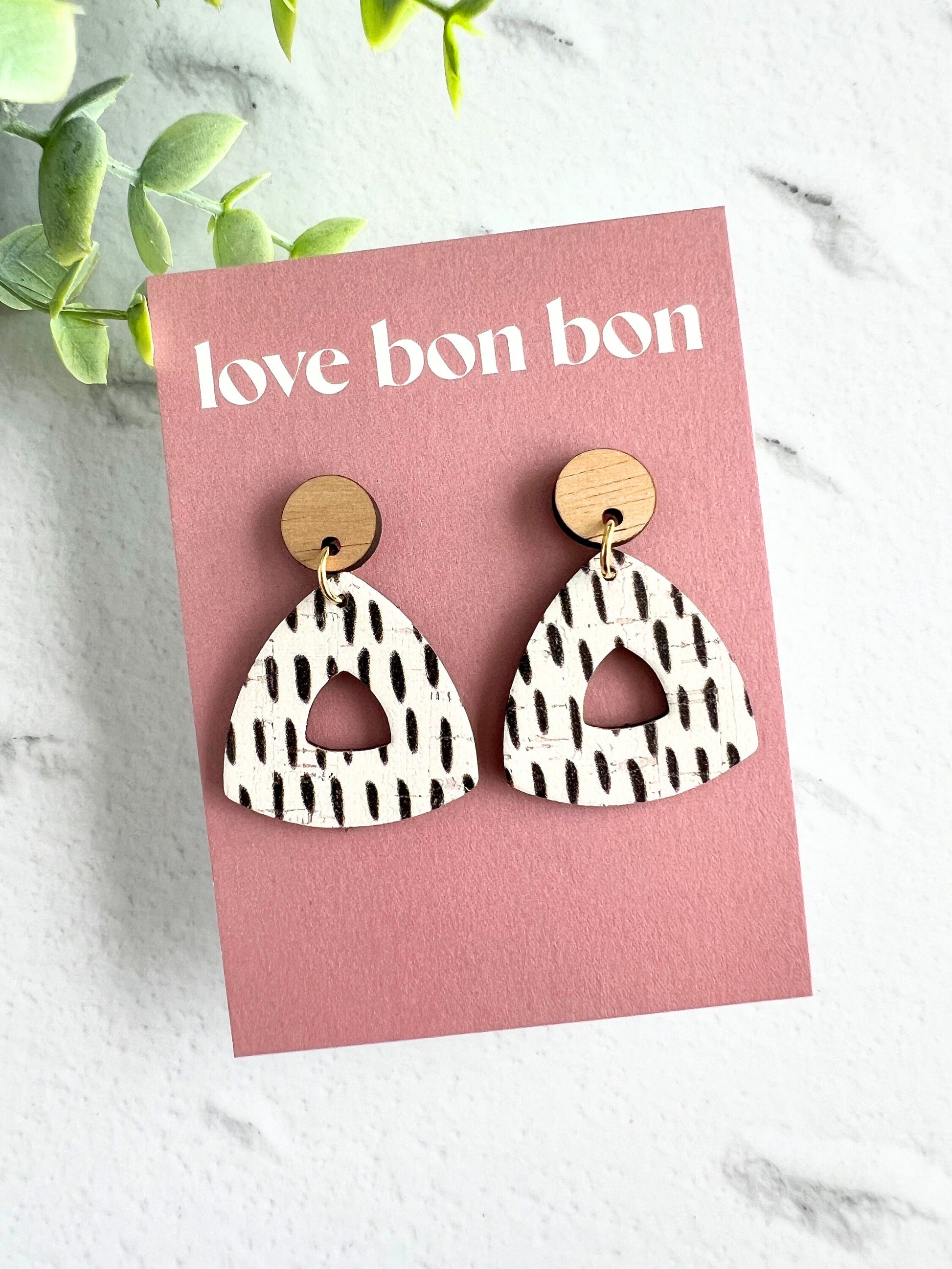 Cork and Leather Handmade Petite Cut-Out Triangle Earring with Wooden topper & stainless steel post, dangle earring, birthday gift