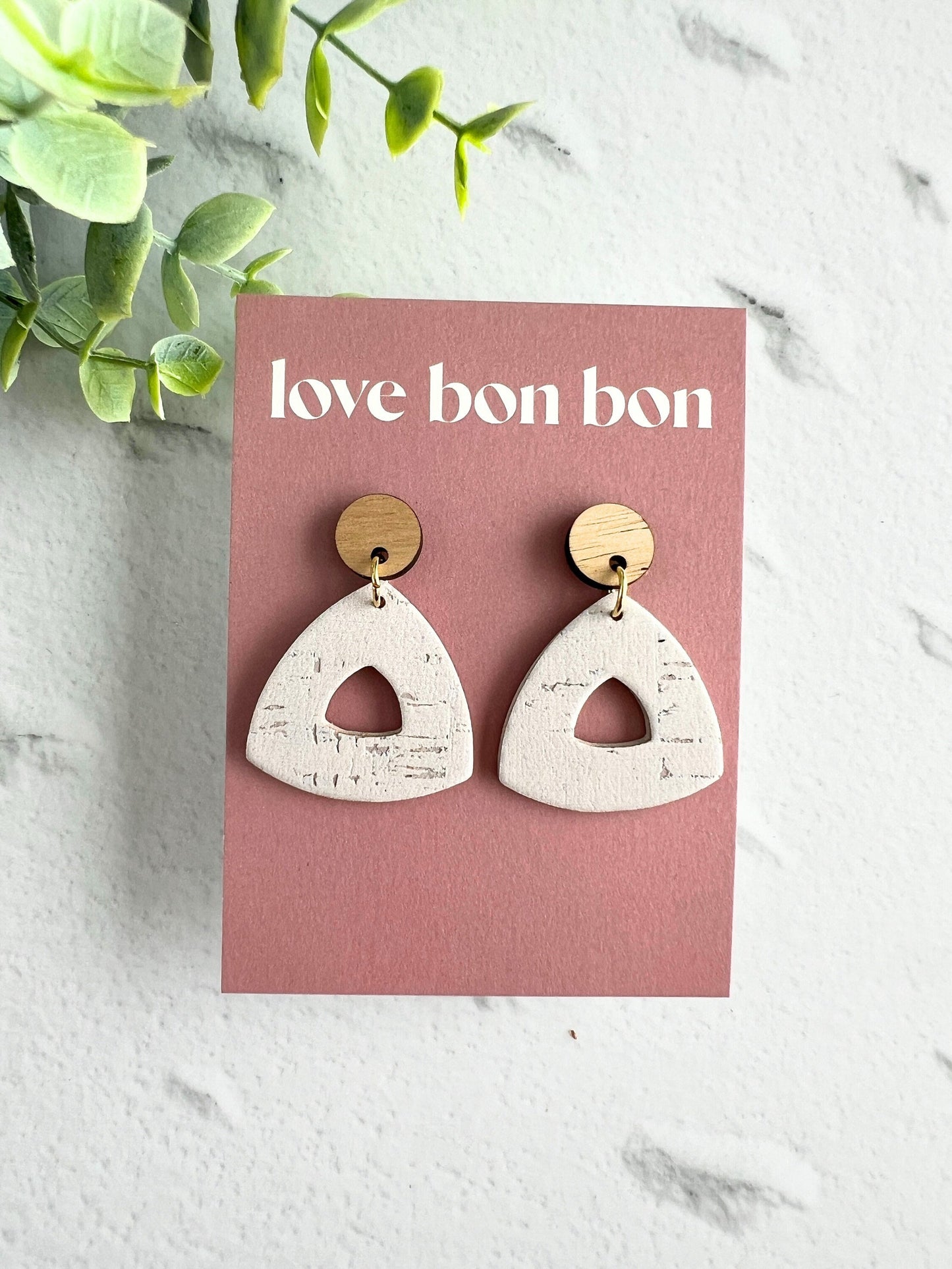 Cork and Leather Handmade Petite Cut-Out Triangle Earring with Wooden topper & stainless steel post, dangle earring, birthday gift