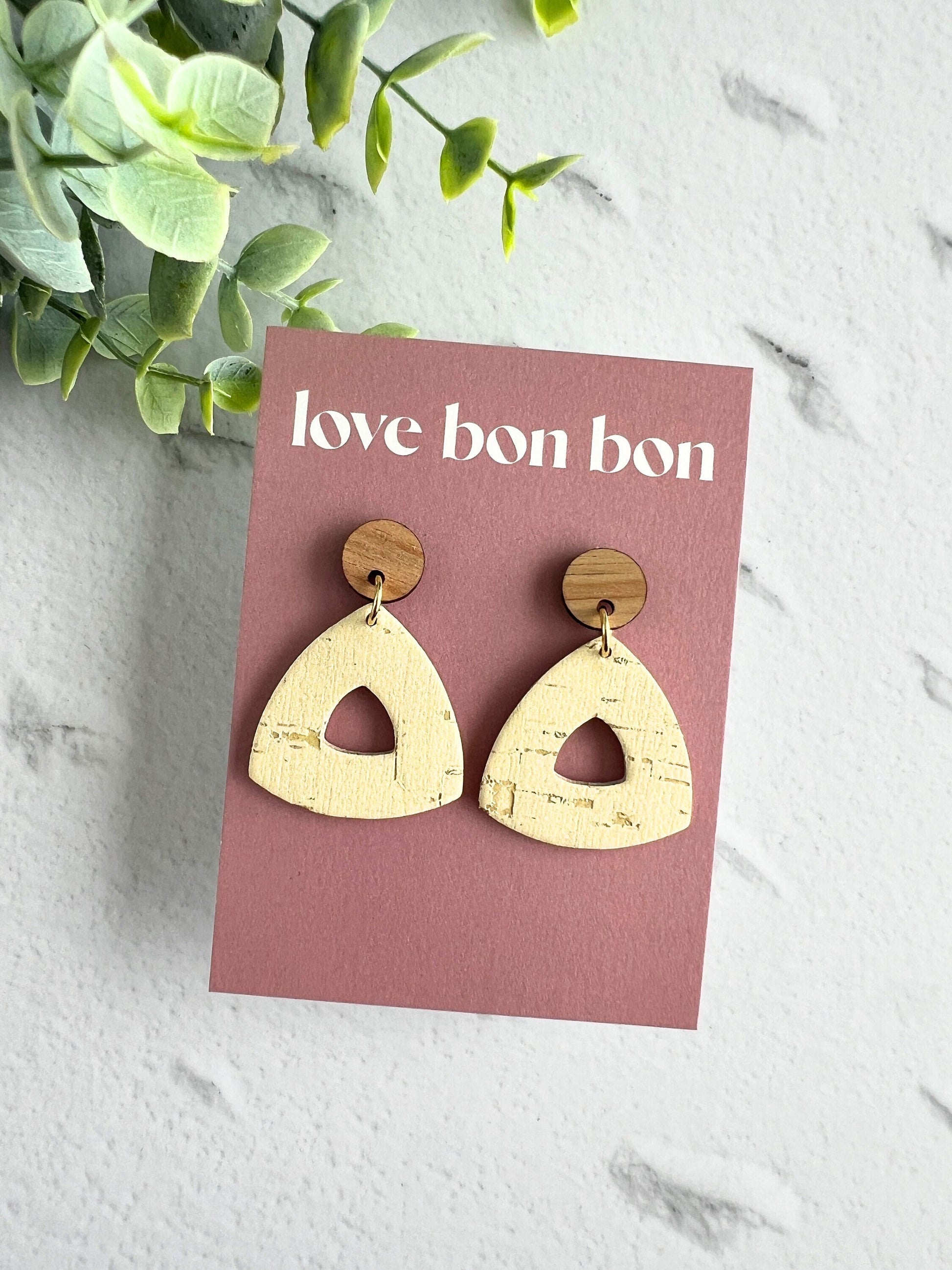 Cork and Leather Handmade Petite Cut-Out Triangle Earring with Wooden topper & stainless steel post, dangle earring, birthday gift