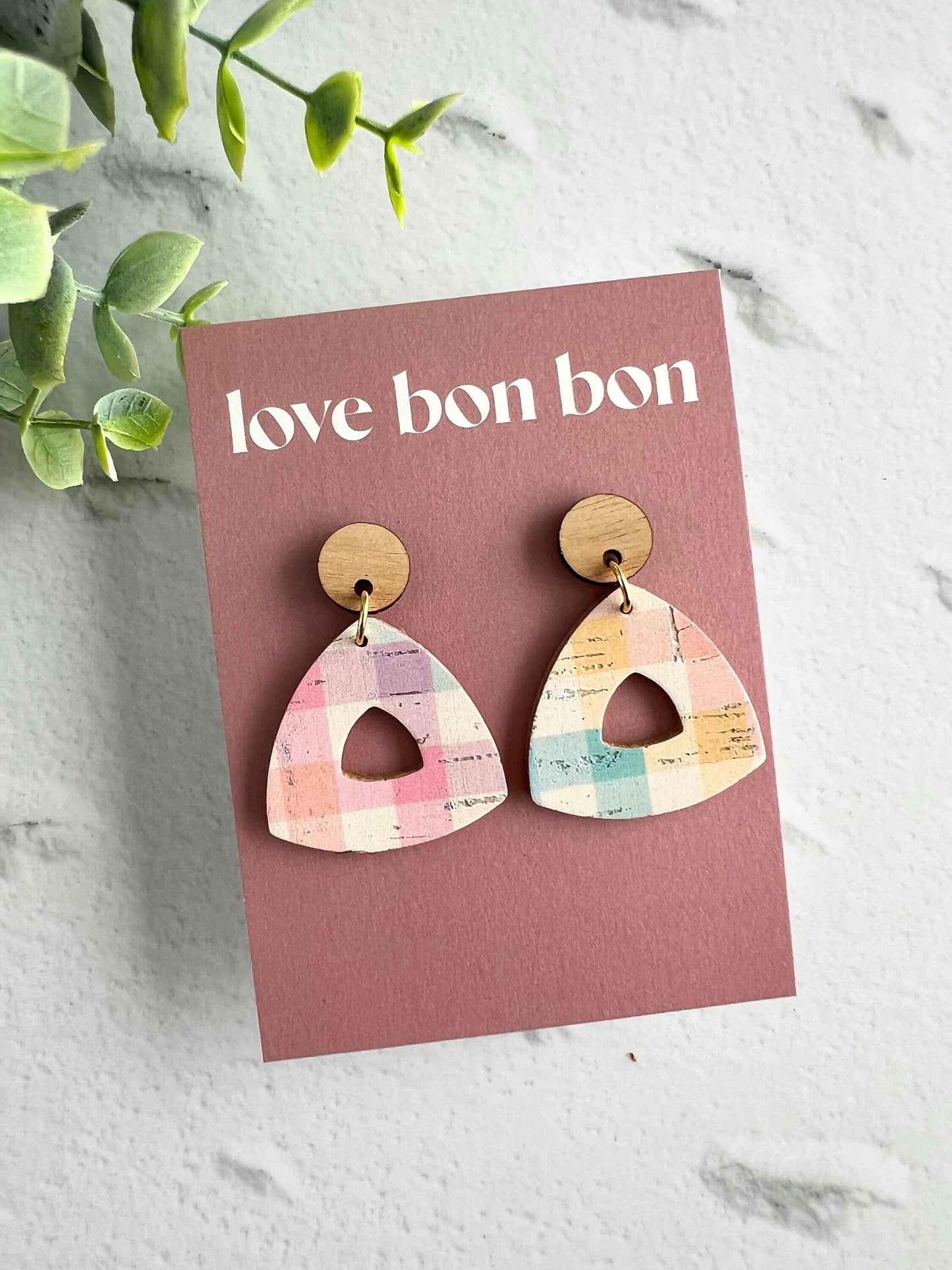 Cork and Leather Handmade Petite Cut-Out Triangle Earring with Wooden topper & stainless steel post, dangle earring, birthday gift