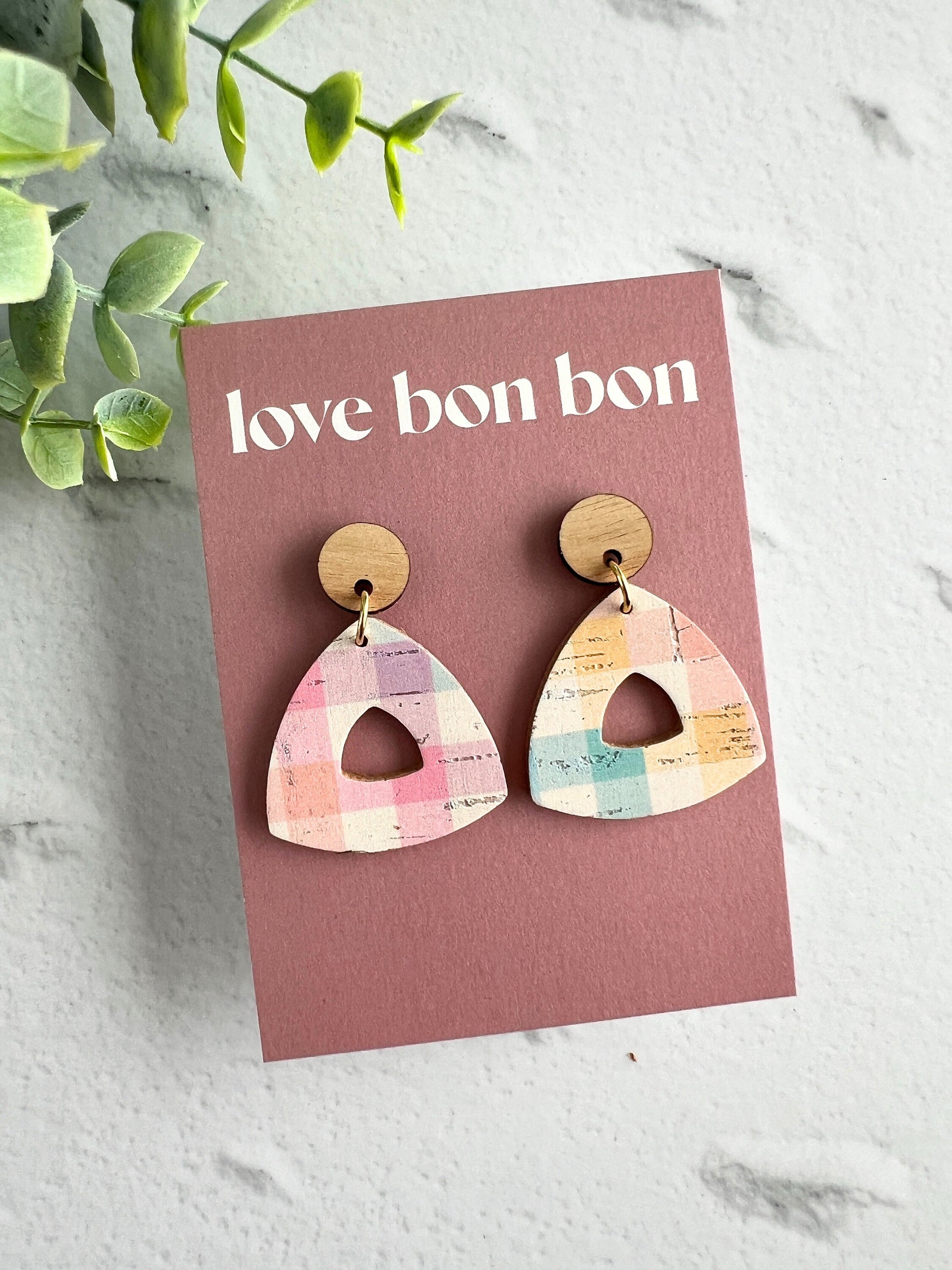 Cork and Leather Handmade Petite Cut-Out Triangle Earring with Wooden topper & stainless steel post, dangle earring, birthday gift