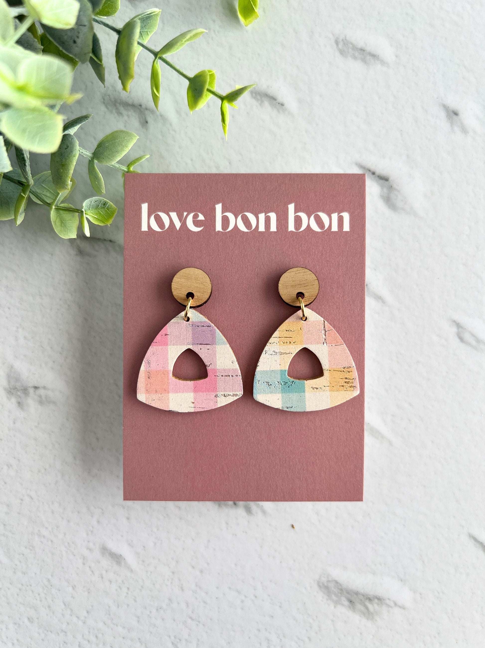 Cork and Leather Handmade Petite Cut-Out Triangle Earring with Wooden topper & stainless steel post, dangle earring, birthday gift