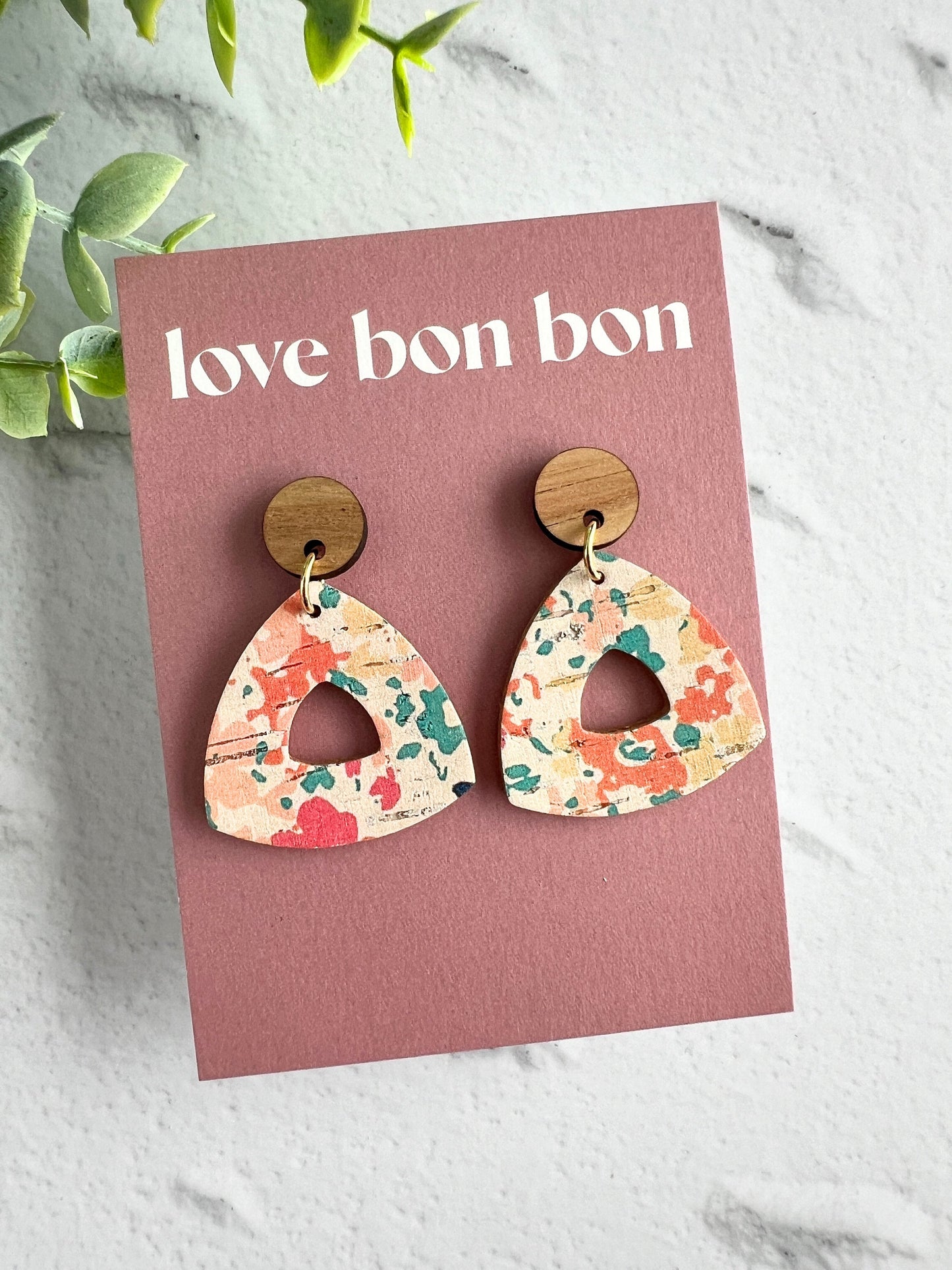Cork and Leather Handmade Petite Cut-Out Triangle Earring with Wooden topper & stainless steel post, dangle earring, birthday gift
