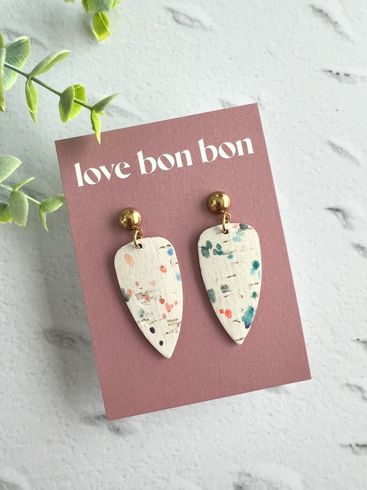 Cork on Genuine Leather Pointed Almond Handmade Earring with Gold Stainless Steel Studs - dangle earring - handmade earring