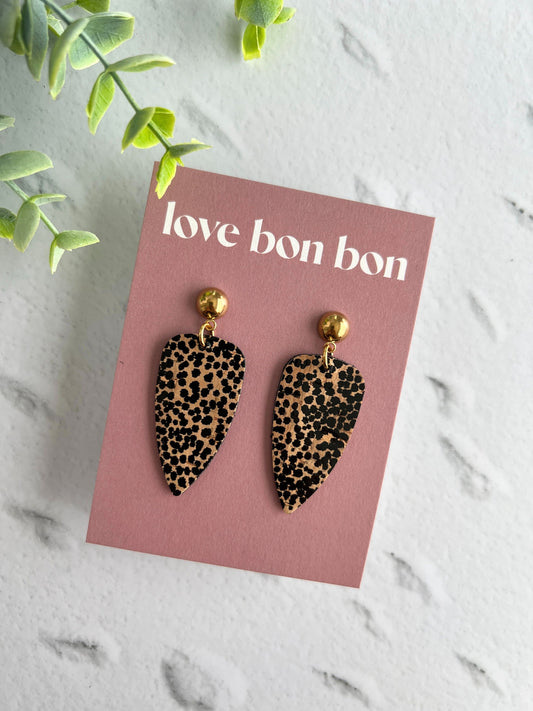 Cork on Genuine Leather Pointed Almond Handmade Earring with Gold Stainless Steel Studs - dangle earring - handmade earring