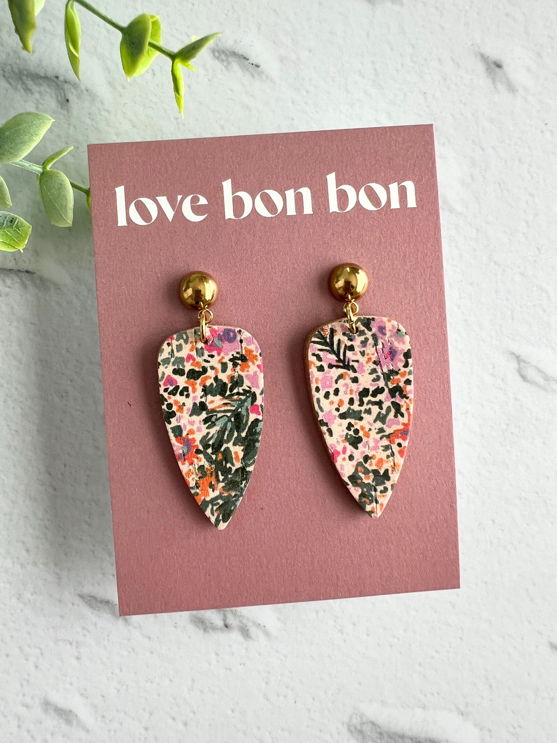 Cork on Genuine Leather Pointed Almond Handmade Earring with Gold Stainless Steel Studs - dangle earring - handmade earring