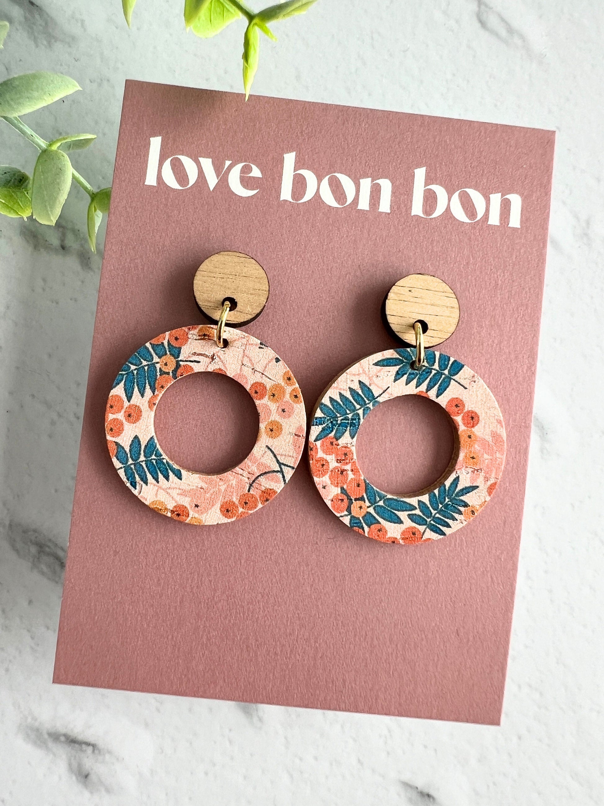 Cork and Leather Handmade Circle Cut Out Earring with Wooden topper, dangle earring, handmade earring, stainless steel post