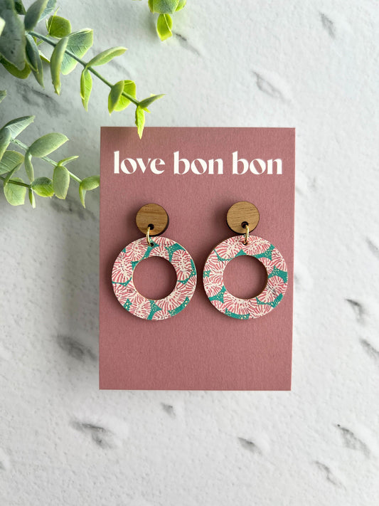 Cork and Leather Handmade Circle Cut Out Earring with Wooden topper, dangle earring, handmade earring, stainless steel post