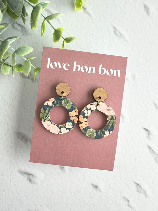 Cork and Leather Handmade Circle Cut Out Earring with Wooden topper, dangle earring, handmade earring, stainless steel post