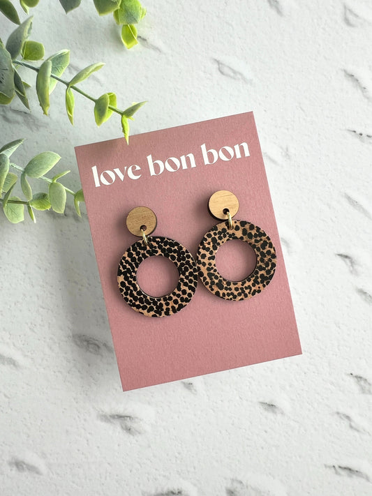 Cork and Leather Handmade Circle Cut Out Earring with Wooden topper, dangle earring, handmade earring, stainless steel post