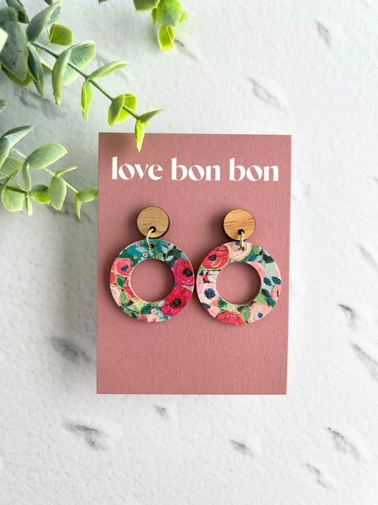 Cork and Leather Handmade Circle Cut Out Earring with Wooden topper, dangle earring, handmade earring, stainless steel post