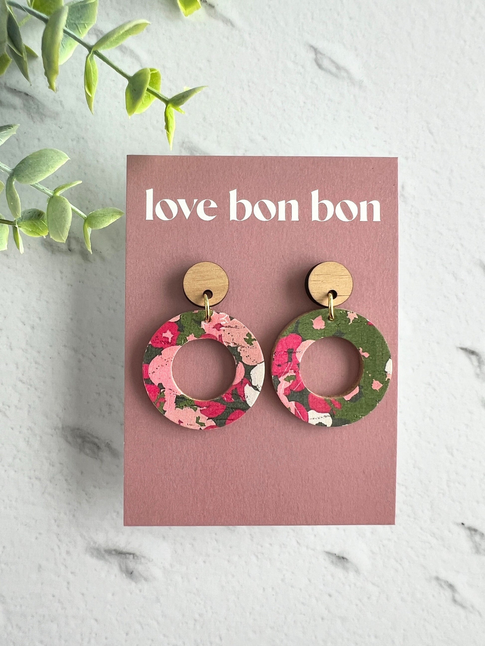 Cork and Leather Handmade Circle Cut Out Earring with Wooden topper, dangle earring, handmade earring, stainless steel post