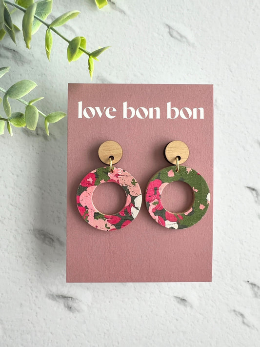 Cork and Leather Handmade Circle Cut Out Earring with Wooden topper, dangle earring, handmade earring, stainless steel post