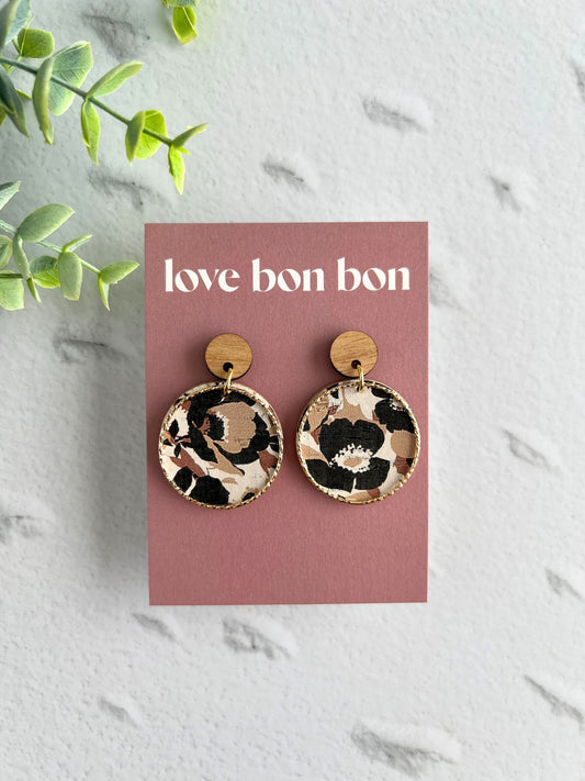 Cork and Leather Handmade Circle Earring with Wooden topper, dangle earring, handmade earring, hypo-allergenic stainless steel post