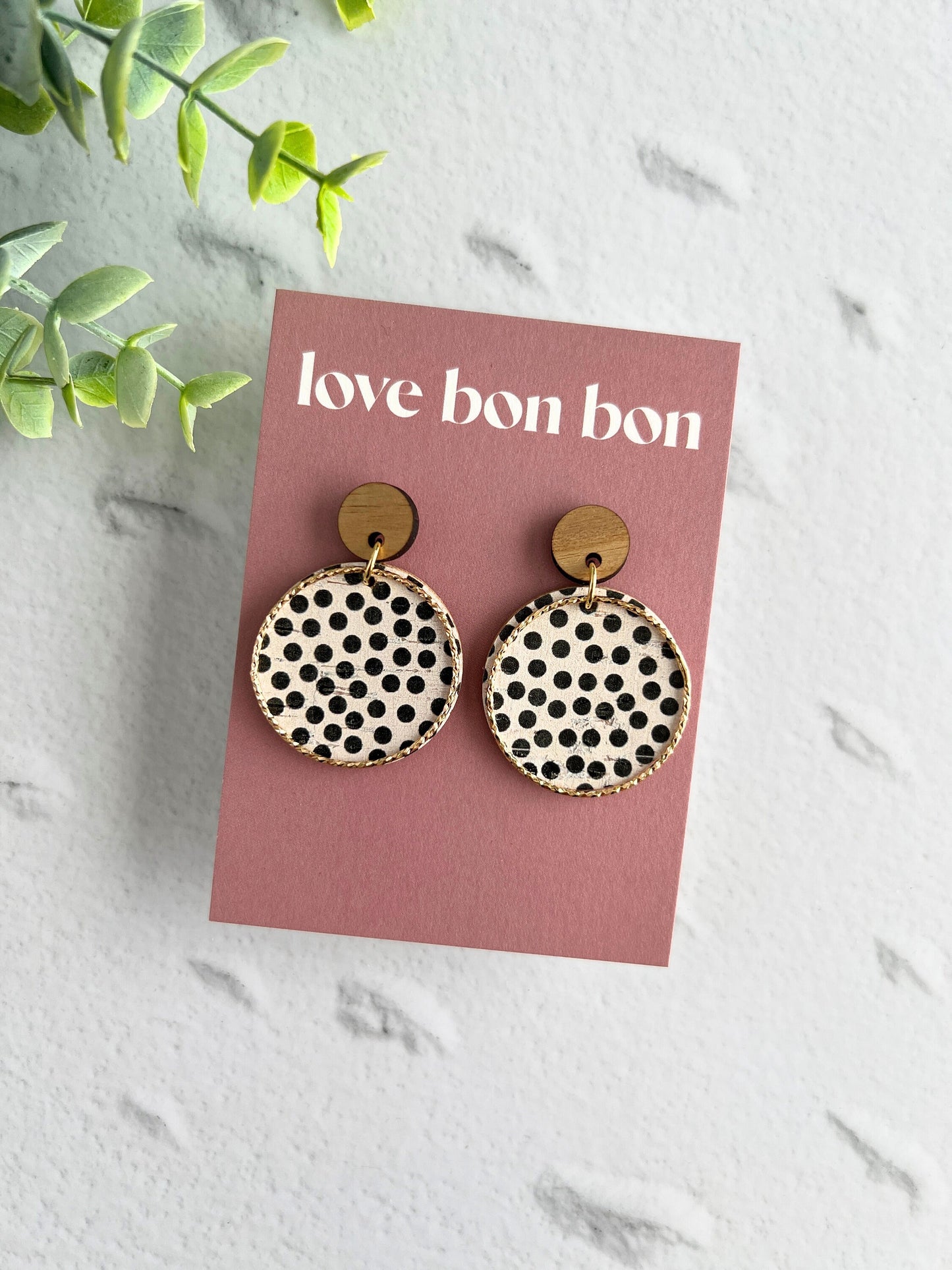 Cork and Leather Handmade Circle Earring with Wooden topper, dangle earring, handmade earring, hypo-allergenic stainless steel post