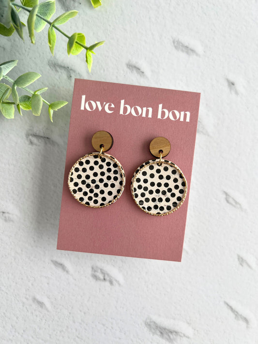 Cork and Leather Handmade Circle Earring with Wooden topper, dangle earring, handmade earring, hypo-allergenic stainless steel post
