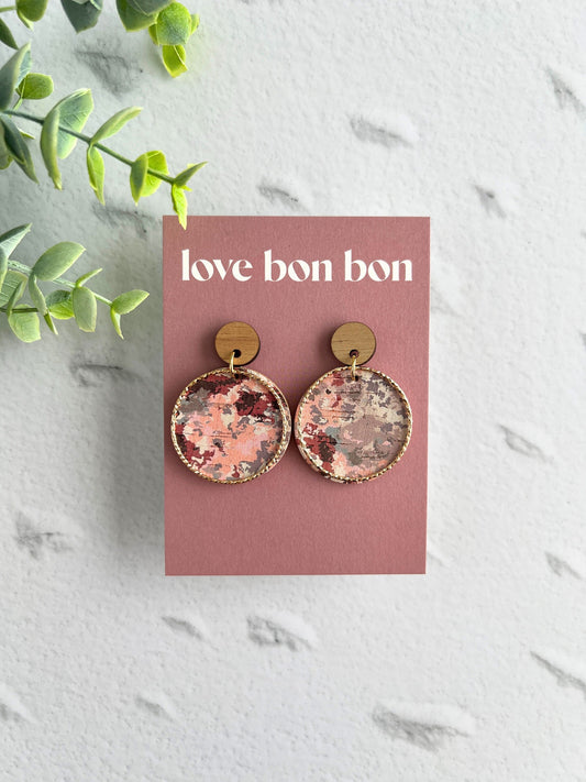 Cork and Leather Handmade Circle Earring with Wooden topper, dangle earring, handmade earring, hypo-allergenic stainless steel post