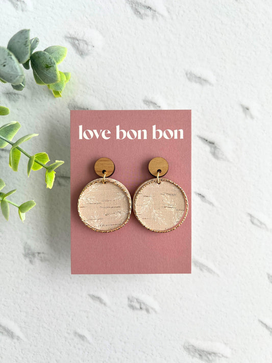 Cork and Leather Handmade Circle Earring with Wooden topper, dangle earring, handmade earring, hypo-allergenic stainless steel post