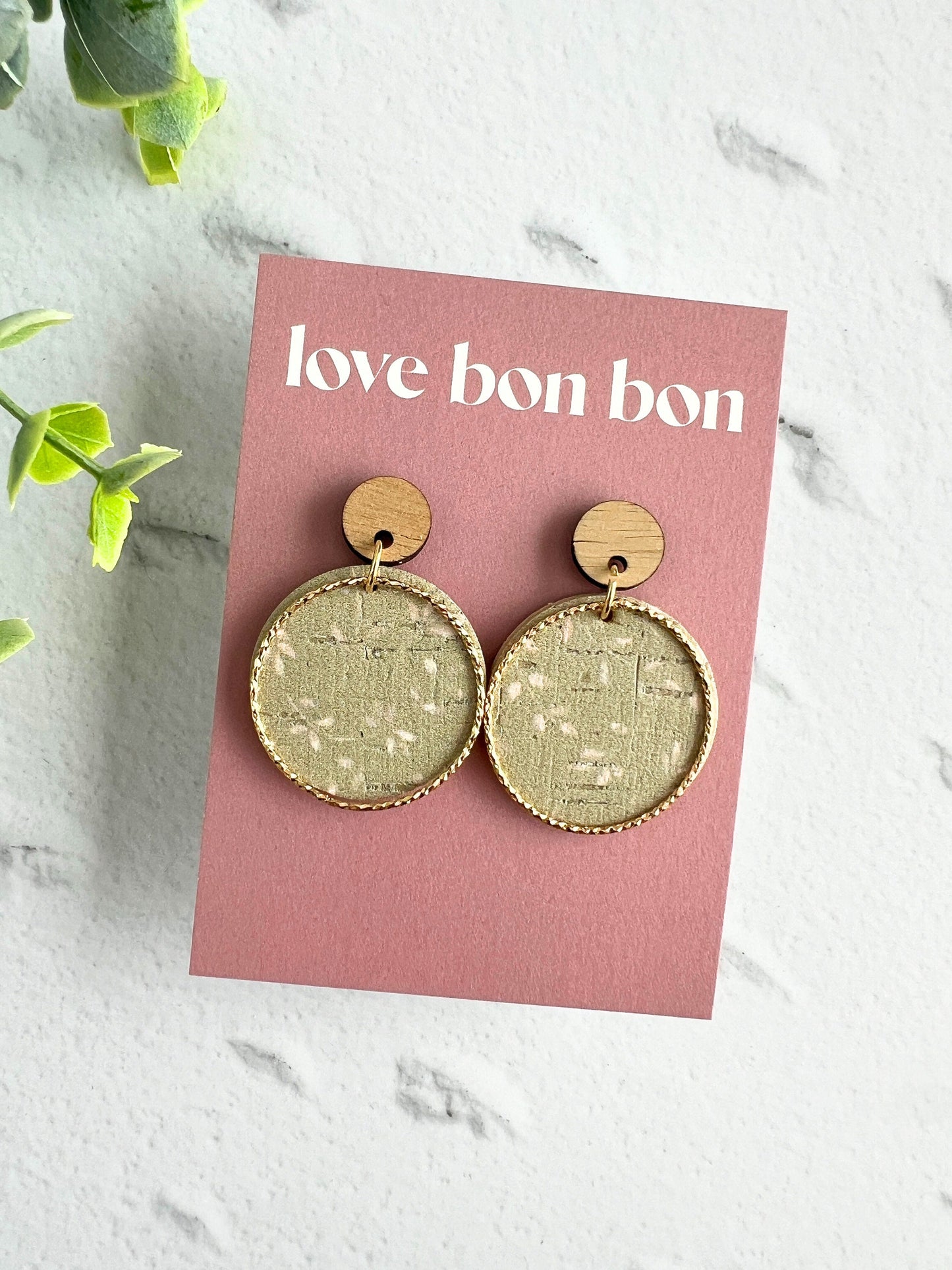 Cork and Leather Handmade Circle Earring with Wooden topper, dangle earring, handmade earring, hypo-allergenic stainless steel post