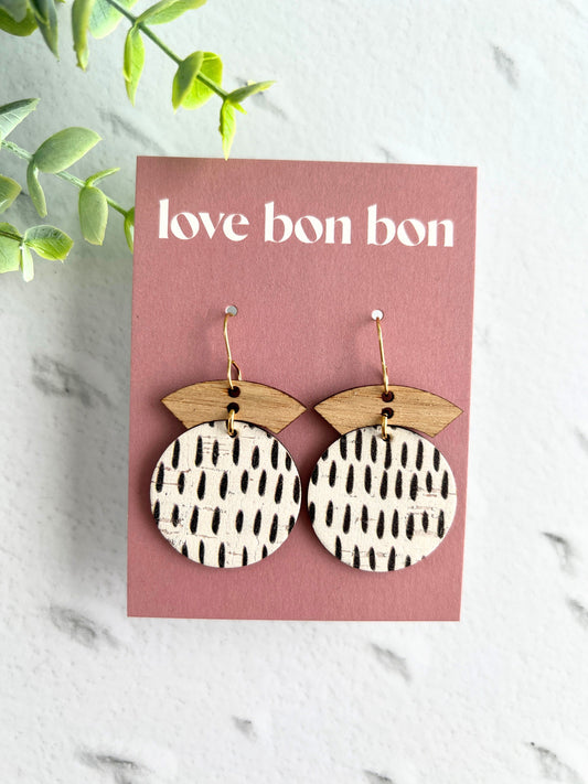 Cork and Leather Handmade Circle Earring with Wooden bar, dangle earring, handmade earring, hypo-allergenic stainless steel ear hook