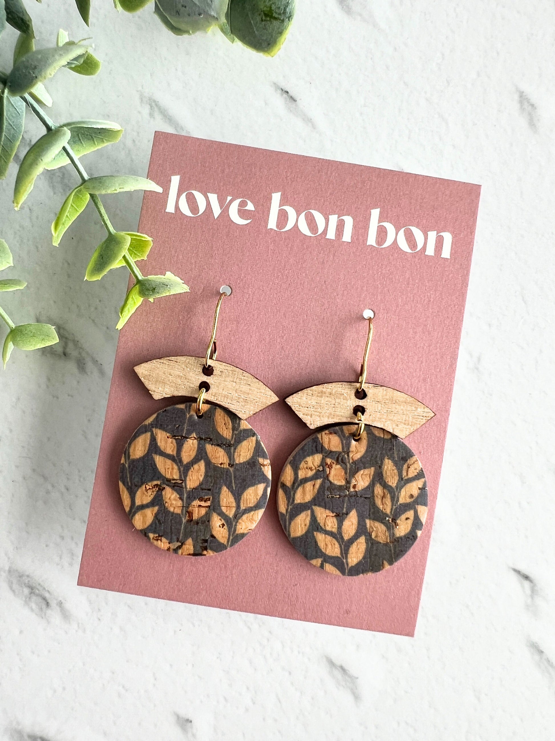 Cork and Leather Handmade Circle Earring with Wooden bar, dangle earring, handmade earring, hypo-allergenic stainless steel ear hook