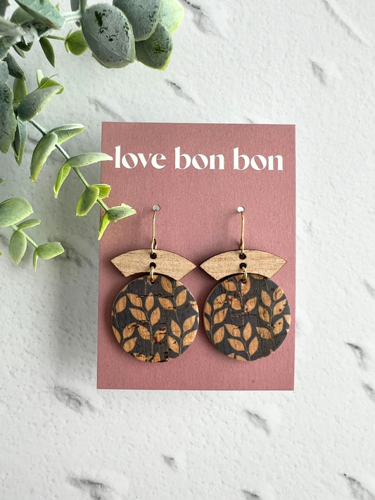 Cork and Leather Handmade Circle Earring with Wooden bar, dangle earring, handmade earring, hypo-allergenic stainless steel ear hook