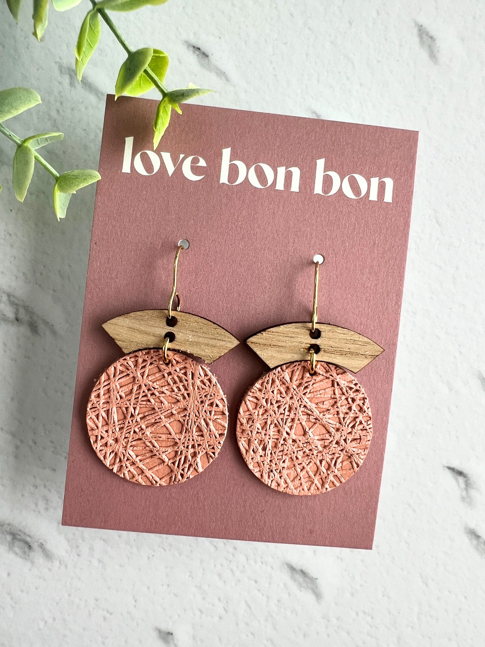 Embossed Leather Handmade Circle Earring with Wooden bar, dangle earring, handmade earring, hypo-allergenic stainless steel ear hook