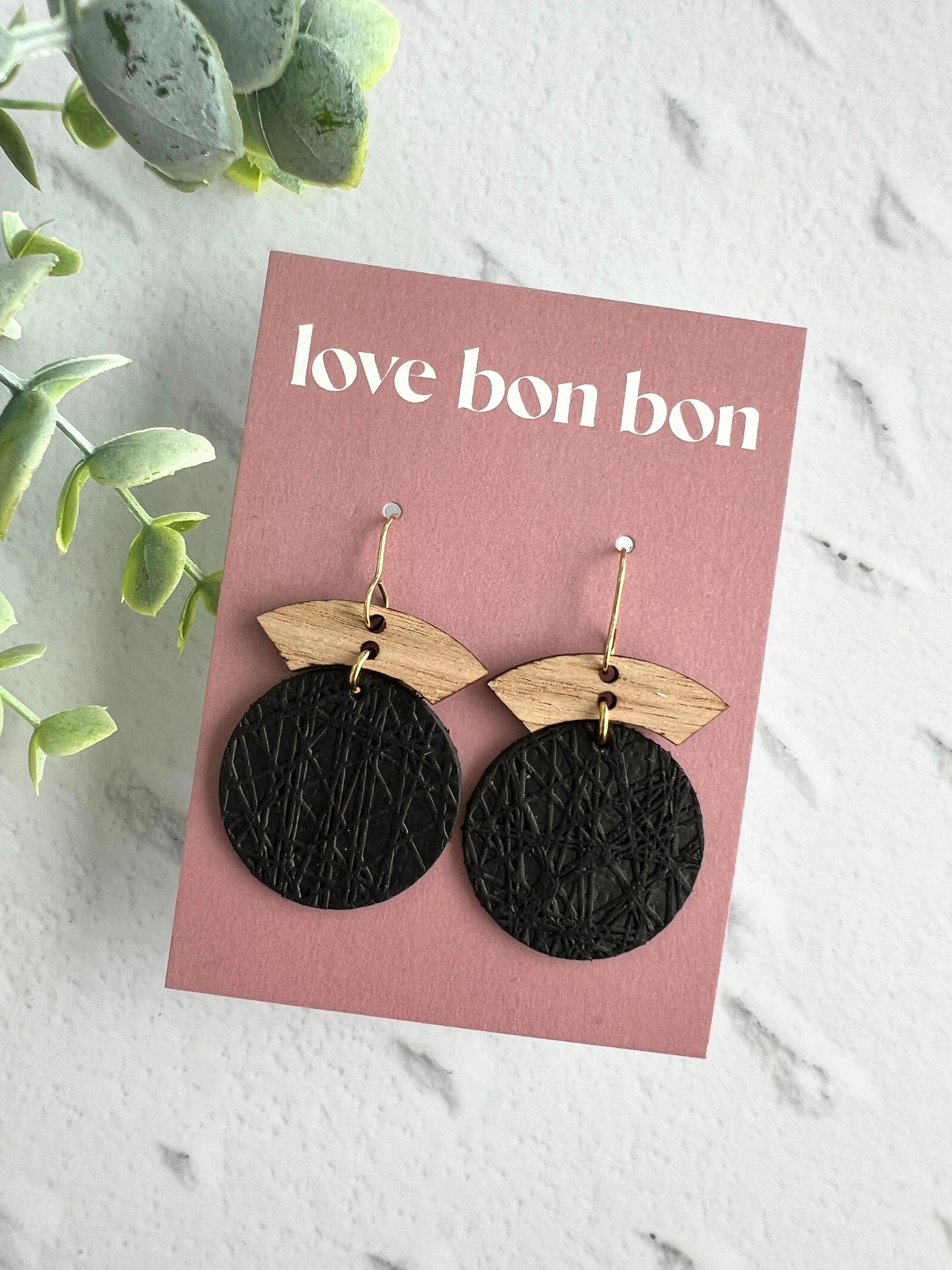 Embossed Leather Handmade Circle Earring with Wooden bar, dangle earring, handmade earring, hypo-allergenic stainless steel ear hook