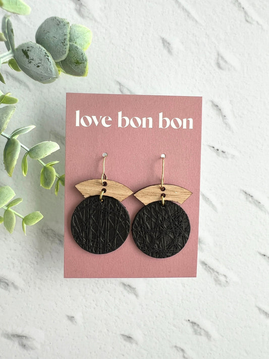 Embossed Leather Handmade Circle Earring with Wooden bar, dangle earring, handmade earring, hypo-allergenic stainless steel ear hook