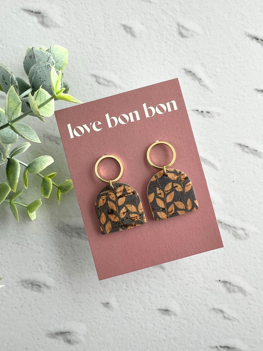 Genuine Cork on Leather Handmade Petite Earring with open Gold Stainless Steel circle topper - dangle earring - handmade earring - petite